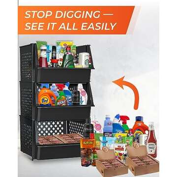 Skywin Large Plastic Stackable Storage Bins for Pantry Black - 3-Pack, Large Stackable Bins For Organizing Food, Kitchen, and Bathroom Essentials (Rhombus)