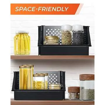 Skywin Large Plastic Stackable Storage Bins for Pantry Black - 3-Pack, Large Stackable Bins For Organizing Food, Kitchen, and Bathroom Essentials (Rhombus)