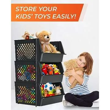 Skywin Large Plastic Stackable Storage Bins for Pantry Black - 3-Pack, Large Stackable Bins For Organizing Food, Kitchen, and Bathroom Essentials (Rhombus)