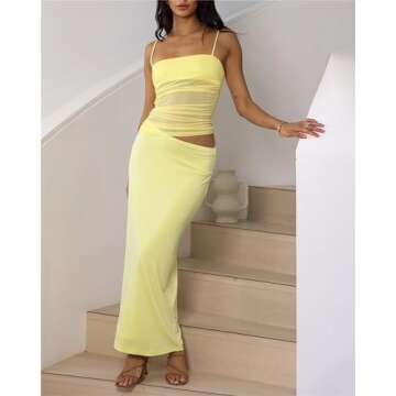 Two Piece Skirt Set for Women - Summer Brunch Vacation Outfits Sleeveless Asymmetrical Mesh Tank Crop Top Maxi Long Skirts Yellow L