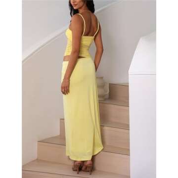 Two Piece Skirt Set for Women - Summer Brunch Vacation Outfits Sleeveless Asymmetrical Mesh Tank Crop Top Maxi Long Skirts Yellow L