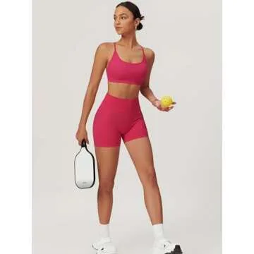ABOCIW Workout Sets for Women Seamless High Waist Scrunch Butt Lifting Gym Impact Shorts Scoop Neck Strappy Sports Bra 2 Piece Yoga Outfits Raspberry Red Small