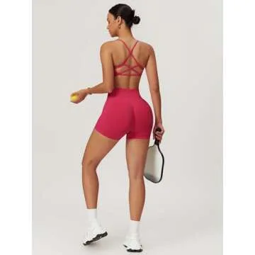 ABOCIW Workout Sets for Women Seamless High Waist Scrunch Butt Lifting Gym Impact Shorts Scoop Neck Strappy Sports Bra 2 Piece Yoga Outfits Raspberry Red Small