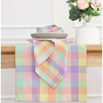 PurpleEssences Buffalo Plaid Cloth Napkins - Mitered Corners - Spring Summer Easter Gingham Check Dinner Napkin - Set of 12-100% Cotton - 18x18 Inch - Reusable Washable - Multi Color