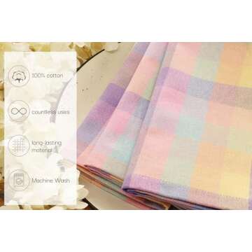 PurpleEssences Buffalo Plaid Cloth Napkins - Mitered Corners - Spring Summer Easter Gingham Check Dinner Napkin - Set of 12-100% Cotton - 18x18 Inch - Reusable Washable - Multi Color