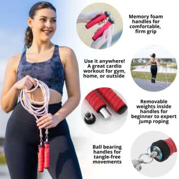 Weighted Jump Rope for Fitness and Weight Loss, 1LB Adjustable Jump Rope, Handles with Removable Wei...