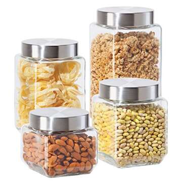 Oggi 4 Piece Airtight Glass Storage Containers Set - Includes 4 Square Glass Kitchen Canisters with ...