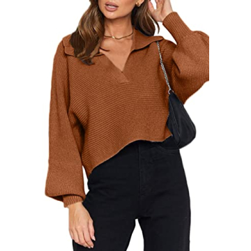CHYRII Women Casual Oversized Puff Long Sleeve V Neck Knitted Polo Pullover Sweater Jumper Tops Cara...