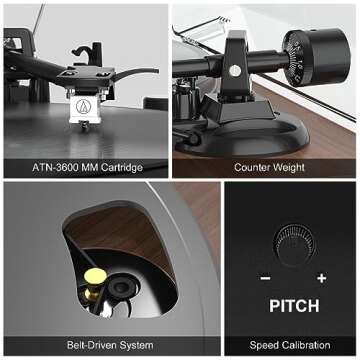 Vinyl Record Player with 40W Speakers and Bluetooth Output Input,Turntable with Built-in Preamp,AT-3600L Cartridge,USB Record,Pitch and Counterweight