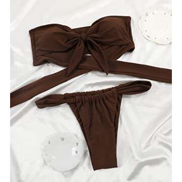 MIYOUJ Women's Thong Bikini Swimsuit Sexy Knot Front Bikini Sets Cheeky Bathing Suit with Removable Shoulder Strap (Brown,Small)