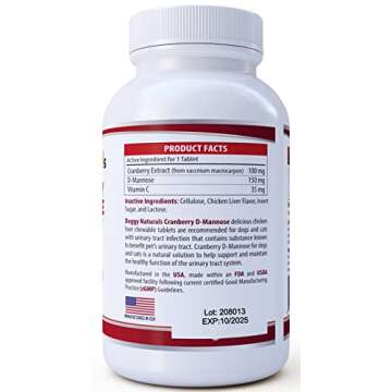 Cranberry D-Mannose for Dogs and Cats Urinary Tract Infection Support Prevents and Eliminates UTI, Bladder Infection Kidney Support, Antioxidant (Single Strength Tablet, 120 Count)