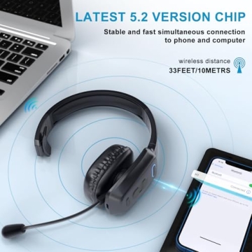 LEAYU Bluetooth Headset, Wireless Trucker Headset with Noise Canceling Microphone Truck Driver Headphone with Mute Button-Work 60Hrs for Cellphone Office Work
