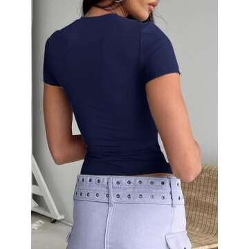Abardsion Women's Casual Basic Going Out Crop Tops Slim Fit Short Sleeve Crew Neck Tight T Shirts (N...
