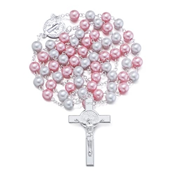Rosary Beads Catholic for Woman - 8mm Pink & White Pearl Beads Rosary Necklace St Benedict Rosaries ...