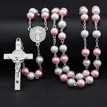 Elegant Pink & White Pearl Rosary Beads for Women