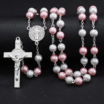 Elegant Pink & White Pearl Rosary Beads for Women