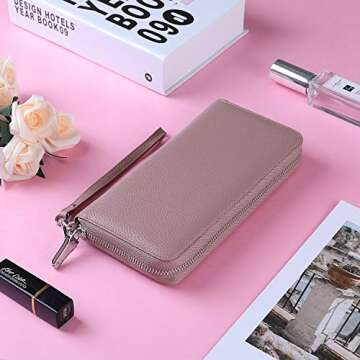Lavemi Women's RFID Blocking 100% Leather Large Capacity Zip Around Wallet Phone Holder Clutch Travel Purse Wristlet(Large Size Nude)