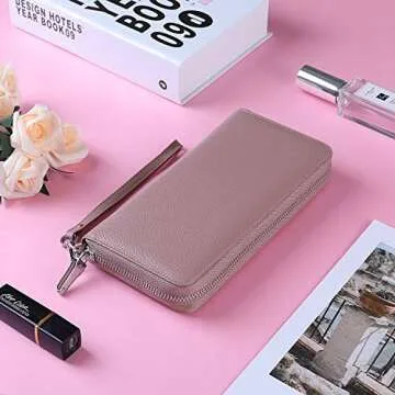 Lavemi Women's RFID Blocking 100% Leather Large Capacity Zip Around Wallet Phone Holder Clutch Travel Purse Wristlet(Large Size Nude)