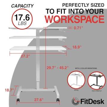 FitDesk Pneumatic Height Adjustable Desk – Portable Rolling Standing Desk, Mobile Workstation with...
