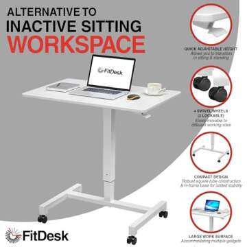 FitDesk Pneumatic Height Adjustable Desk – Portable Rolling Standing Desk, Mobile Workstation with 27" Adjustable Stand-Up Computer Desk, Narrow Design for Home Office - White