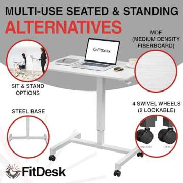 FitDesk Pneumatic Height Adjustable Desk – Portable Rolling Standing Desk, Mobile Workstation with 27" Adjustable Stand-Up Computer Desk, Narrow Design for Home Office - White