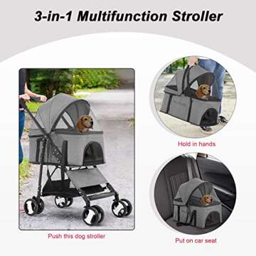 BestPet Pet Stroller Premium 3-in-1 Multifunction Jogger Stroller for Medium Small Dogs Cats Folding Lightweight for Travel with Detachable Carrier,Grey