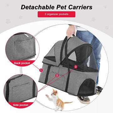 BestPet Pet Stroller Premium 3-in-1 Multifunction Jogger Stroller for Medium Small Dogs Cats Folding Lightweight for Travel with Detachable Carrier,Grey