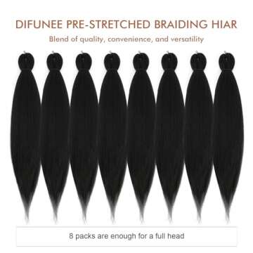 DIFUNEE Pre-stretched Braiding Hair - 24 Inch 8 Packs Natural Black Long Braiding Hair For Twist or Box Braids, Yaki Texture Hot Water Setting Synthetic Braiding Hair Extensions (24 Inch, 1B-8P)