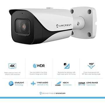 Amcrest 4K Analog Outdoor Security Camera, Bullet 4K (8MP) @15fps, CCTV-Coax-BNC, 98ft Night Vision, IP67 Metal, 125° Angle, Mic, White (Not an IP Camera) (DVR Required, Not Included) (AMC4KBC28-W-V3)