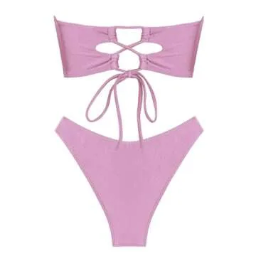 ZAFUL Strapless Swimsuits for Women O Ring Metal Hardware High Cut Brazilian Swimwear Set Tops Lavender Purple L