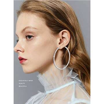 BSJELL Hoop Earrings for Women Silver Large Cubic Zirconia Hoop Earrings Big Circle Stud Earrings Cr...