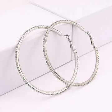 BSJELL Hoop Earrings for Women Silver Large Cubic Zirconia Hoop Earrings Big Circle Stud Earrings Crystal Bridal Wedding Fashion Jewelry For Women