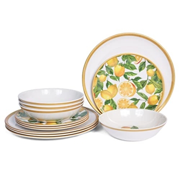 Melamine Dinnerware Sets- 12pcs Melamine Plates and Bowls Set for 4, Indoor and Outdoor Dinnerware, ...