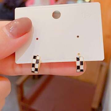 Chic Checker Small Hoop Cartilage Earrings for Women Dainty 925 Sterling Silver Post Tiny Round Circ...