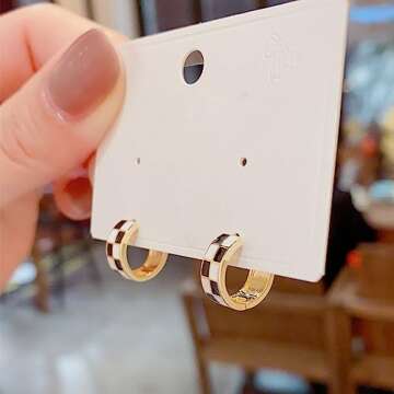 Chic Checker Small Hoop Cartilage Earrings for Women Dainty 925 Sterling Silver Post Tiny Round Circle Huggie Hoops White Black Enamel Hypoallergenic Hooped Gifts Her Birthday Bff