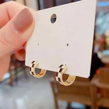 Chic Checker Small Hoop Cartilage Earrings for Women Dainty 925 Sterling Silver Post Tiny Round Circle Huggie Hoops White Black Enamel Hypoallergenic Hooped Gifts Her Birthday Bff