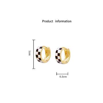 Chic Checker Small Hoop Cartilage Earrings for Women Dainty 925 Sterling Silver Post Tiny Round Circle Huggie Hoops White Black Enamel Hypoallergenic Hooped Gifts Her Birthday Bff