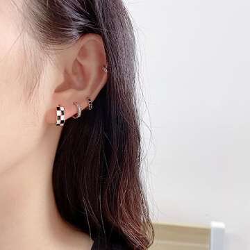 Chic Checker Small Hoop Cartilage Earrings for Women Dainty 925 Sterling Silver Post Tiny Round Circle Huggie Hoops White Black Enamel Hypoallergenic Hooped Gifts Her Birthday Bff