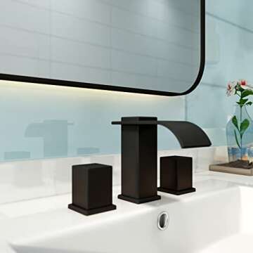 MR. FAUCET Waterfall Bathroom Sink Faucets 3 Hole, 2-Handle 8 Inch Bathroom Vanity Faucet, with Pop-up Drain Assembly, (Matte Black)