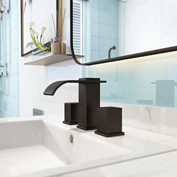 MR. FAUCET Waterfall Bathroom Sink Faucets 3 Hole, 2-Handle 8 Inch Bathroom Vanity Faucet, with Pop-up Drain Assembly, (Matte Black)