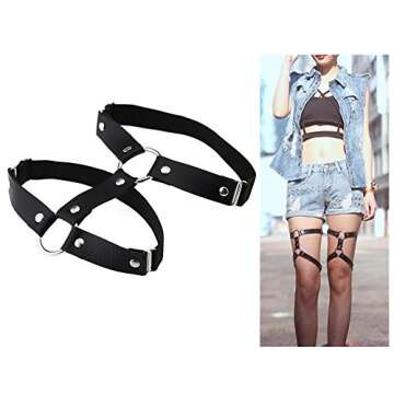 Adjustable Elastice 2 Rows Leather Leg Harness Garter Belt Punk Gothic Thigh Ring Garter (Black)