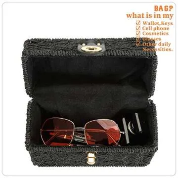 So'each Women's Handbag Wicker Square Crossbody Rattan Bag Boho Crossbody Bag Black