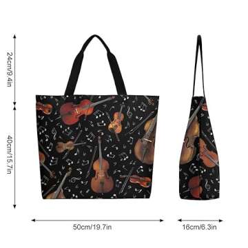 Muishi Violin Music Note Canvas Tote Bag - Large Stylish Grocery Shopping Handbag