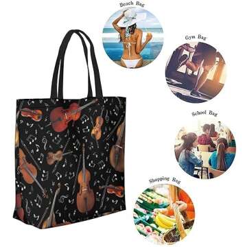 Stylish Violin Music Note Canvas Tote Bag for Women
