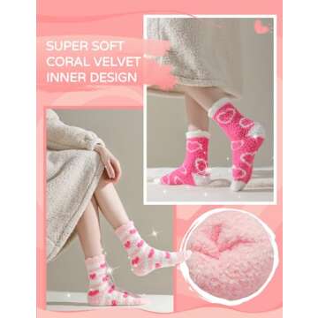 TEHOOK Valentines Gifts-Warm Fuzzy Cozy Fluffy Soft Socks-Pink Heart Valentines Socks-Valentines Day Gifts for Her Girlfriend Wife Women Girls-Valentines Basket Stuffers