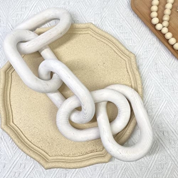 Wood Chain Link Decor | Hand Boho Carved Decor for Table, Shelf Decor Accents Rustic Farmhouse Aesthetic 5 Link Chain Knot Decor Home Living Room, Bedroom, Entryway Coffee Table Decor (White)