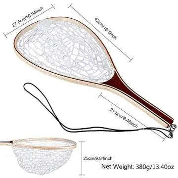 Mounchain Fishing Net Fly Fishing Landing Net, Wooden Frame Fish Net with Soft Rubber Mesh for Trout Catch and Release Net Gifts for Father Men