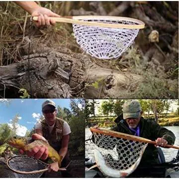 Mounchain Fishing Net Fly Fishing Landing Net, Wooden Frame Fish Net with Soft Rubber Mesh for Trout Catch and Release Net Gifts for Father Men