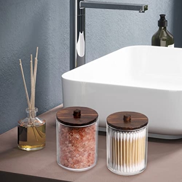 Tbestmax Qtips Holder Bathroom Container, 10/7 OZ Cotton Ball/Swabs Dispenser, Apothecary Jar Organizer for Storage Brown Wood Lids