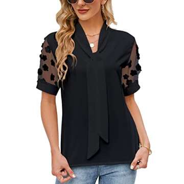 Women's Summer Work Blouses Dressy Casual Business Fashion Collared Shirts Sheer Sleeve Bow Tie Neck...